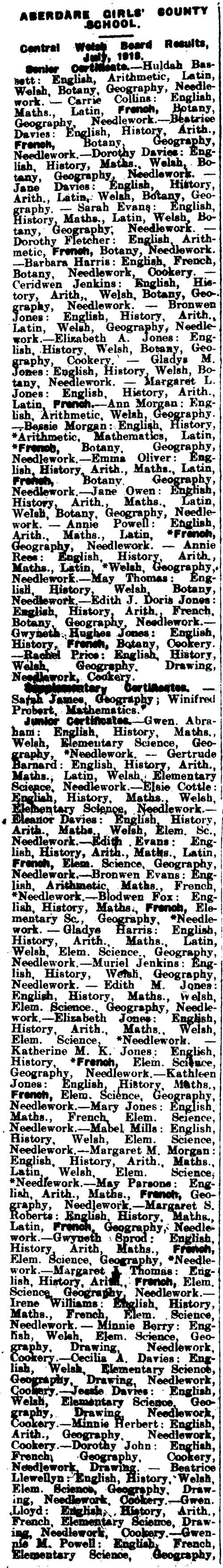 1918 Girls 1 School Cert Results